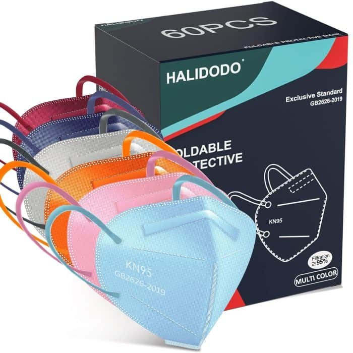 HALIDODO 60 Packs Individually Wrapped KN95 Face Mask 5-Ply Breathable & Comfortable Filter Safety Mask with Elastic Ear loop and Nose Bridge Clip, Protective Face Cover Mask, Multi Color - Multi Color