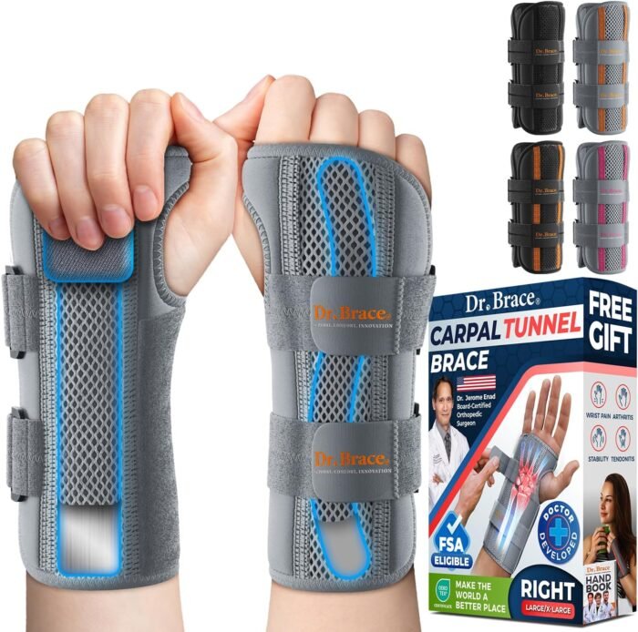 DR. BRACE Adjustable Wrist Brace Night Support for Carpal Tunnel, FSA & HSA Eligible, Doctor Developed, Upgraded with Double Splint & Therapeutic Cushion, Hand Brace For Pain Relief, Injuries, Sprains